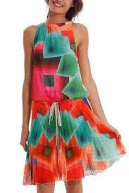 Desigual Pink Green Orange Delia Chiffon Dress Pleated Flowy Size 36 M
